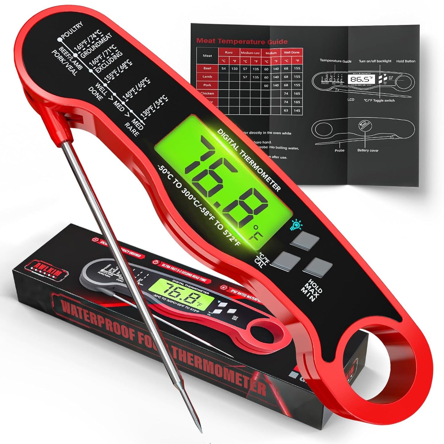 Food digital thermometer BBQ barbecue meat thermometer probe type liquid thermometer pen can be waterproof and folded ZurraHome