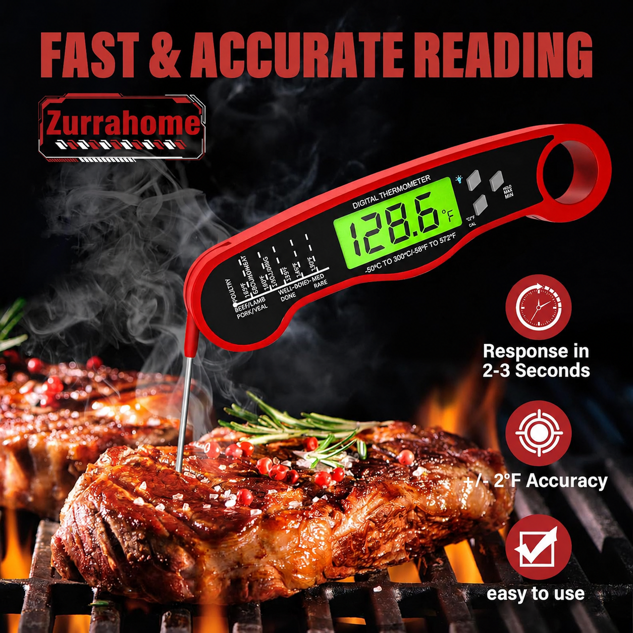 Food digital thermometer BBQ barbecue meat thermometer probe type liquid thermometer pen can be waterproof and folded ZurraHome