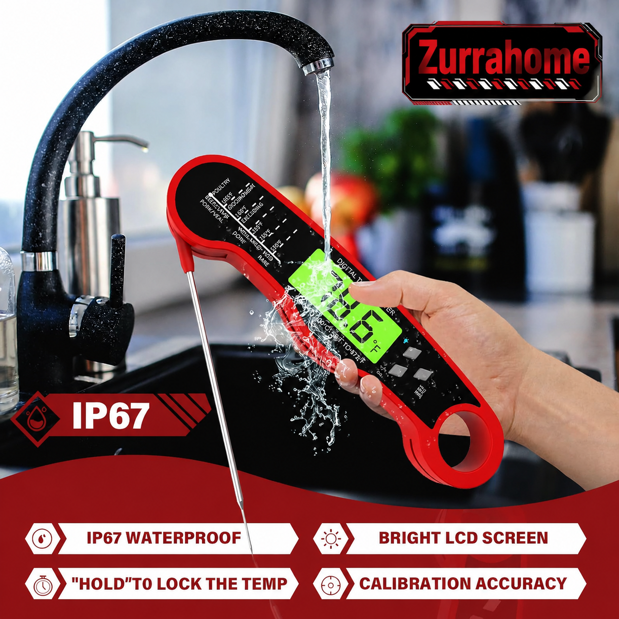 Food digital thermometer BBQ barbecue meat thermometer probe type liquid thermometer pen can be waterproof and folded ZurraHome