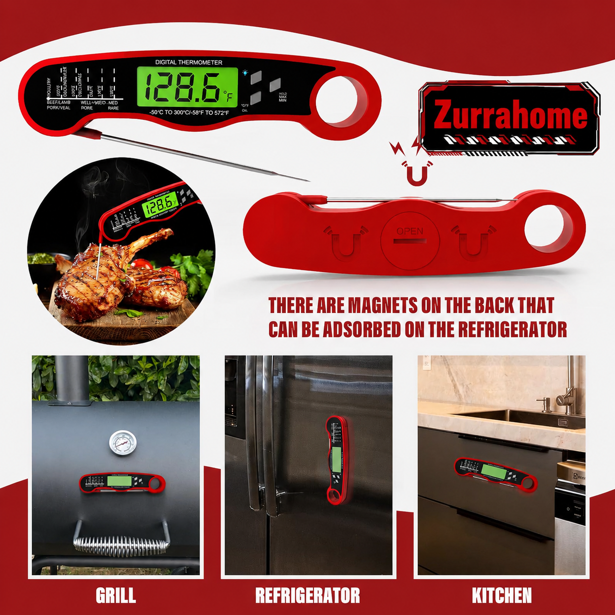 Food digital thermometer BBQ barbecue meat thermometer probe type liquid thermometer pen can be waterproof and folded ZurraHome